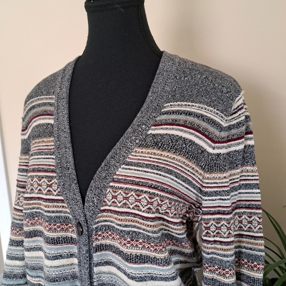 Eddie Bauer Cardigan Sweater Women's Size Medium Stripes Grey Neutrals - Picture 2 of 15
